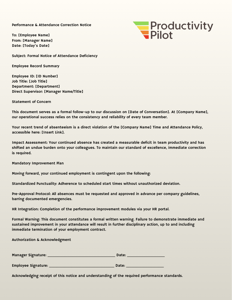 Sample employee attendance correction notice template with policy references and signature lines