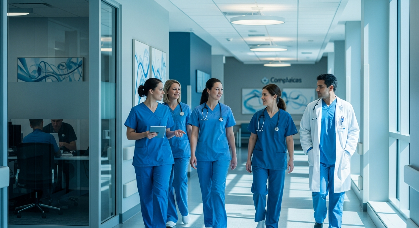 Healthcare professionals representing policy automation challenges across industries