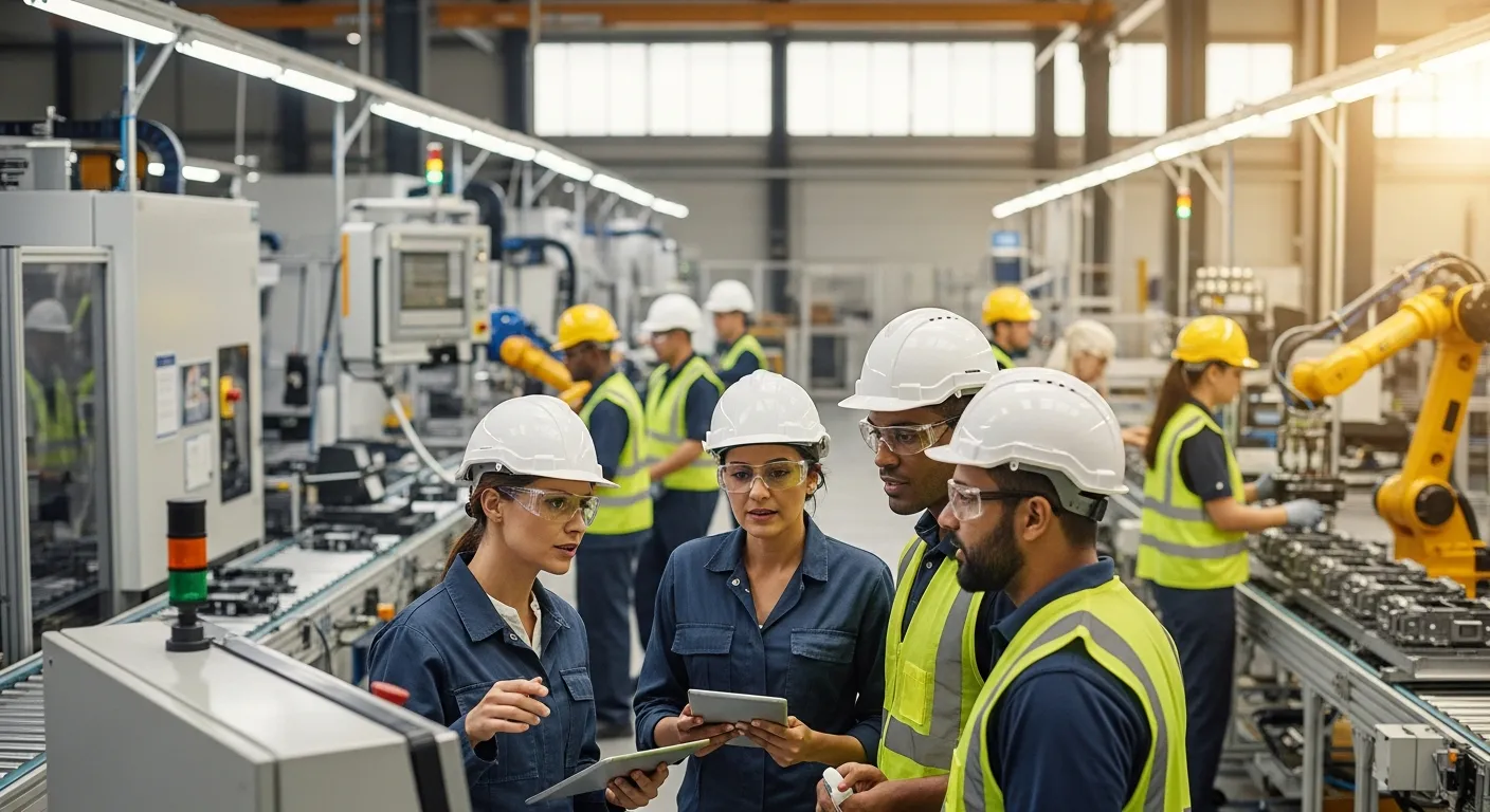 Diverse workforce in industrial setting representing attendance tracking challenges